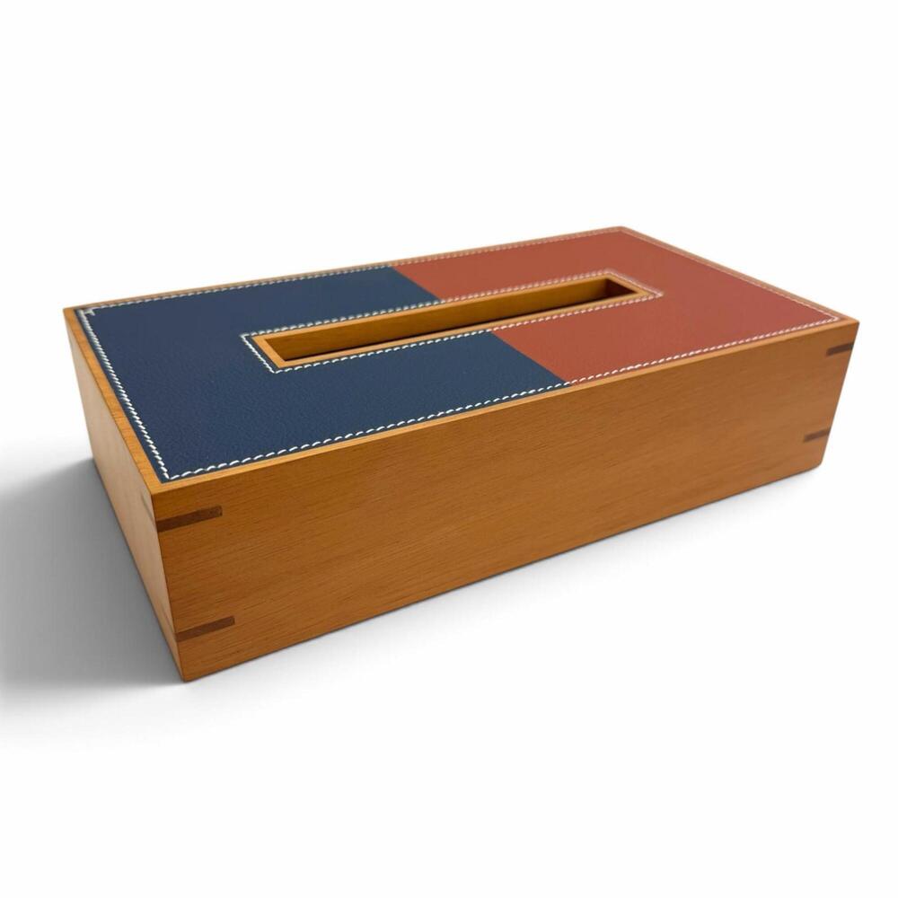 HERMES Hermes Playard PM Tissue Case Wood Leather Box Bicolor Brown Navy Women's